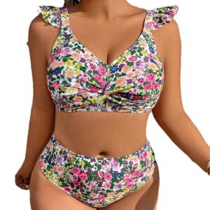 Plus Size Swimwear Floral Ruffle Push-Up Bikini Set for Women