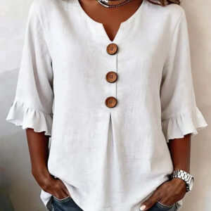 Fashionable Cotton Linen V-Neck Button-Up Blouse for Women Summer Casual Top 6 0C27E598E9ADD45F8758ED40ADFBE6AF 1