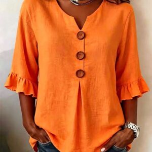 Fashionable Cotton Linen V-Neck Button-Up Blouse for Women Summer Casual Top 14 1266CA27679307D1E87BD89332881FE0 1