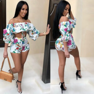 Women’s Digital Print Two Piece Shorts Set | Sexy Puff Sleeve Crop Top & Matching Summer Outfit