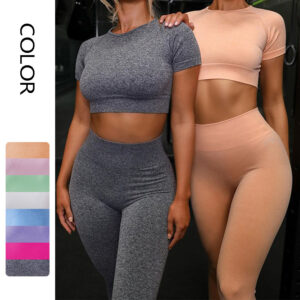 Seamless Yoga Sport Set for Women – Running Leggings & Short Sleeve Fitness Tops