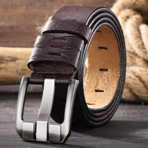 Vintage Leather Belt for Men – Classic Pin Buckle Cowhide Waist Belt for Casual & Outdoor Style