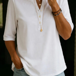 Classic Henley Neck Style Spring Summer New Women's Solid Color Button-Up Top 10 20E843D355A8473B9743932614A9F3AA 1