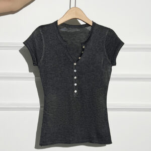 Half-Placket Buttoned Regular Shoulder Knit Short Sleeve T-Shirt for Women, Fitted Slim Fit Henley Neckline Top 7 2822E91DA5ADFDC78E7ABA2608CBB508 1