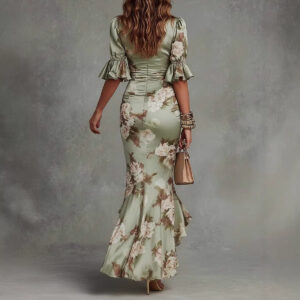 Elegant Long Dress with V-Neck, Fitted Silhouette, Floral Print and Ruffle Hem 3 4211B0E068B6ED6B7B4E752BC4B2EA79 1