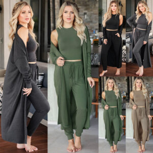 Women’s 3 Piece Knitted Tracksuit Set | Slim Fit Vest, Long Sleeve Jacket & Pencil Pants Casual Sports Suit