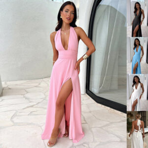 Sexy Halterneck V-neck Slit Dress for Women – Summer Backless Strappy Long Dress, Elegant Party & Evening Wear