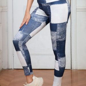 Denim-like Plaid Peach Print High-Waisted Tummy Control Slim Fit Yoga Fitness Pants