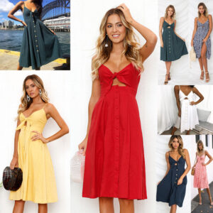 Women’s Summer Sleeveless Backless Strap Dress | Elegant Bodycon A-Line Party Evening Dress with Bow Back Design