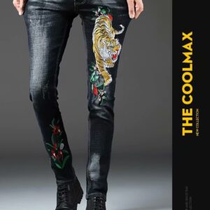 Jeans men's stretch slim feet pants hole embroidery net red the same men's pants animal tiger snake pattern embroidered jeans