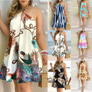 Printed Summer Dress for Women – Off-Shoulder Hanging Neck Sleeveless A-Line Dress with 3D Gradient Prints