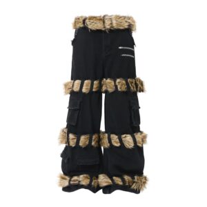 Plush patchwork loose jeans wide leg pants