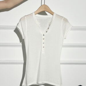 Half-Placket Buttoned Regular Shoulder Knit Short Sleeve T-Shirt for Women, Fitted Slim Fit Henley Neckline Top 8 906420C64146072827AB8FEC77693495 1