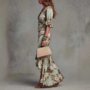 Elegant Long Dress with V-Neck, Fitted Silhouette, Floral Print and Ruffle Hem 2 A9895756161E599FF1F31F9FAB3E1607 1