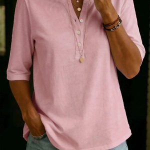 Classic Henley Neck Style Spring Summer New Women's Solid Color Button-Up Top 13 B927CF6C5AE20684F710473F39966AFB 1