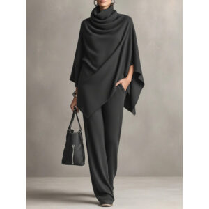 Autumn and Winter German Velvet Pile Collar Cloak Top+Wide Leg Pants Two Piece Set