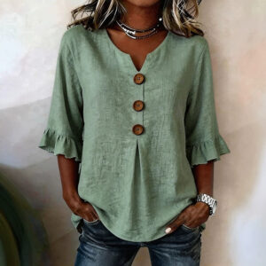 Fashionable Cotton Linen V-Neck Button-Up Blouse for Women Summer Casual Top 4 F329CECDB31BA6062CFD7D202DCB6934 1