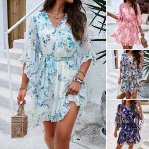 Summer Floral Print Dress for Women – V-Neck Ruffle Short Sleeve Lace Up Mini Dress