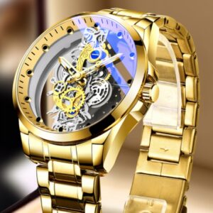 Men’s Luxury Skeleton Automatic Quartz Watch | Gold Stainless Steel Vintage Business Wristwatch with Luminous Dial